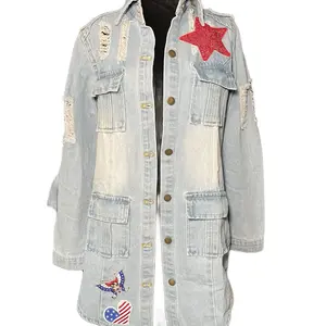 Women's Denim Jacket with Sequin American Flag - Jean Style for Women - Womenswear