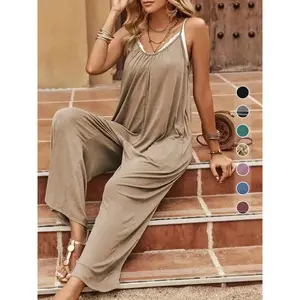[2026]Women's Plain Ruched Pocket Backless Baggy Cami Jumpsuit, Casual Adjustable Strap Wide Leg Jumpsuit Overalls for Daily Wear, Ladies Clothes for All Seasons
