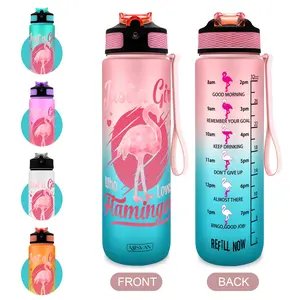 1PC,32oz Water Bottle, Pink Flamingo Heart Print ,with Time Marker & One-Touch Straw Lid,Leakproof,Easy Carry Handle,Lightweight,Encourage Daily Hydration,Durable for Gym Outdoor Cycling