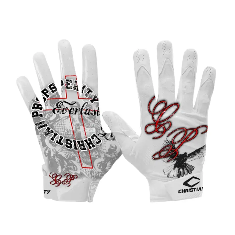 Christian Everlasting Life Football Gloves with Unique Design and Logo - White Colorway