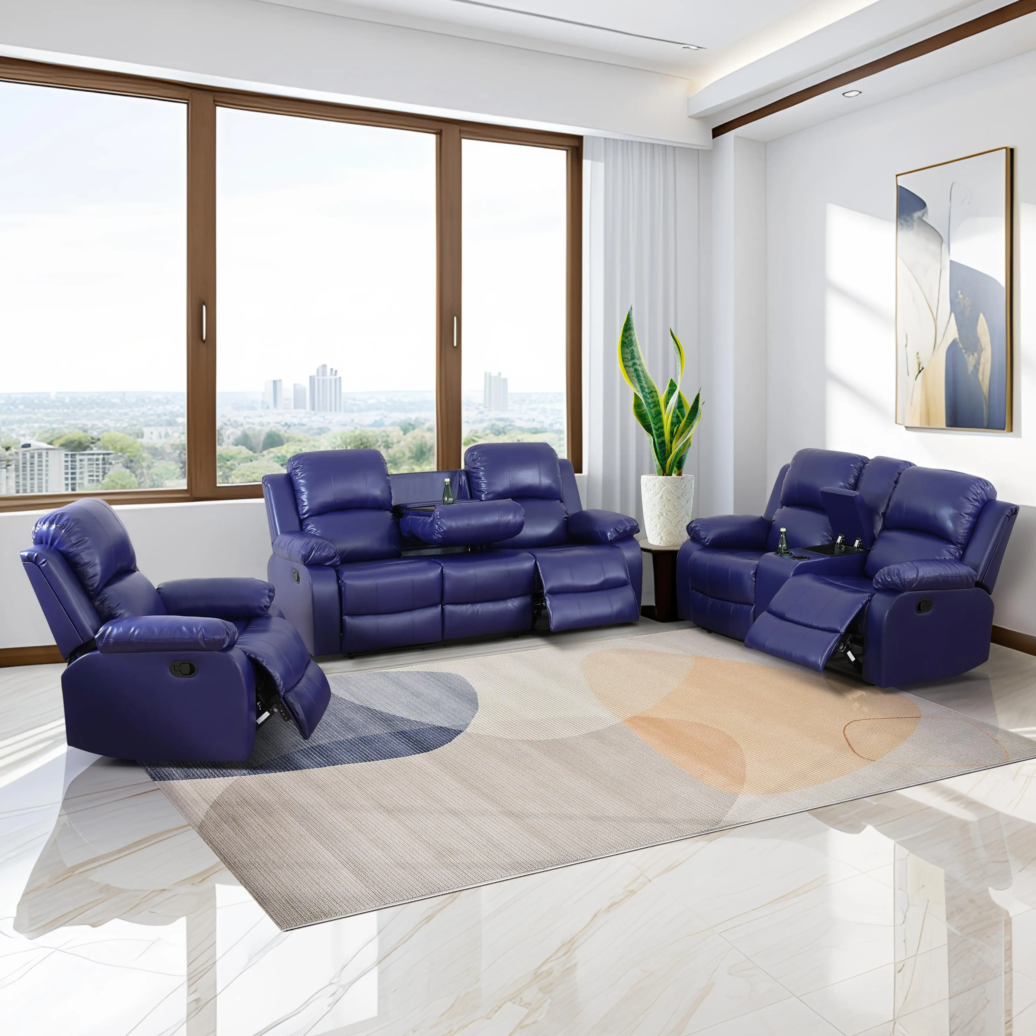 Dark Blue 3-Piece Semi PU Sofa Set - Contemporary Upholstered Living Room Couch with Comfortable Cushions, Stylish Indoor Dark Blue Sofa Furniture for Family Room, Living Room Sofas, Blue Sofa Sets