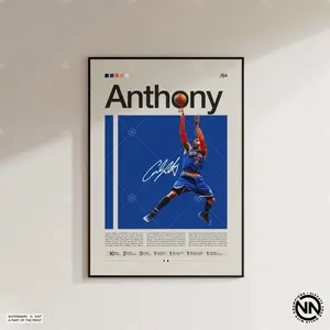 Carmello Anthony Blue Poster, Sports Poster, Mid Century Modern, Basketball Gift, Sports Bedroom Posters