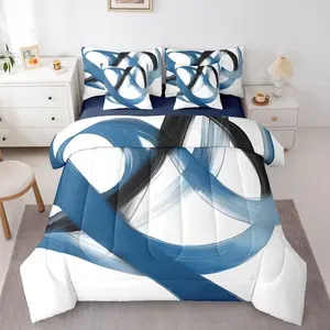 Abstract Navy Blue 7 Piece Comforter Set,Bed in A Bag Geometric Minimalist Lines Bedding Set,Modern Ink Painting Stripes Quilt Simple Aesthetic Fashion Neutral Sheet Set for Men