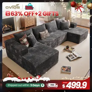 【3 Packages Shipping】Ovios 135" Sectional Boneless Sofa Couch with Chaise, Modular Cloud Couch with Ottoman Plush Corduroy, No Assembly Required Big Comfy Sofa Bed with Fluffy Memory Foam for Livingroom