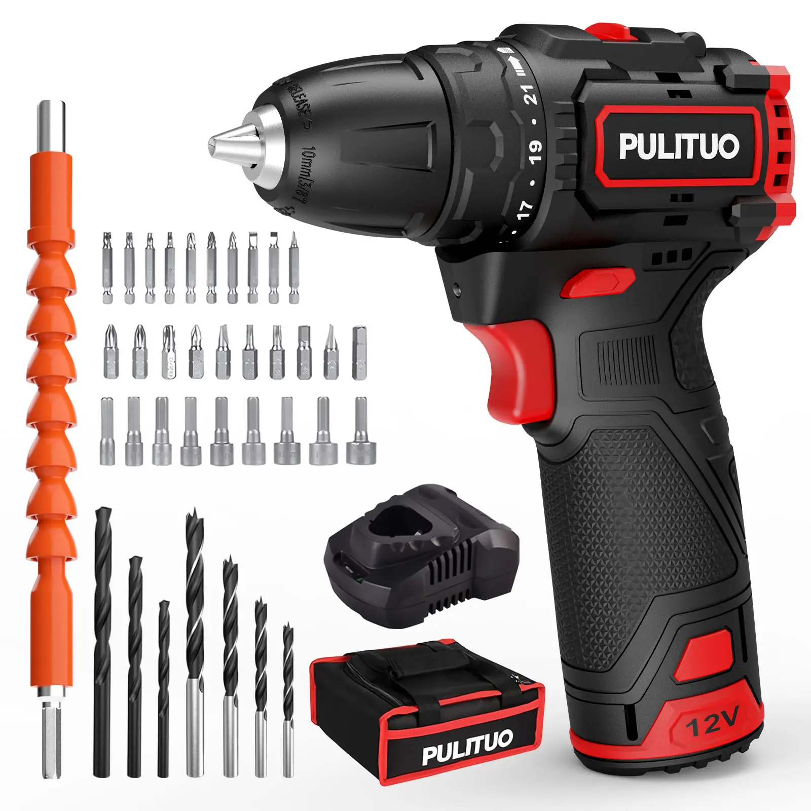 PULITUO Cordless Brushless Electric Drill Set 12V 21+1 Torque Setting Dual Speed Li-ion Battery Powered Multi-function Home Woodworking Metal Drilling Screwdriver Tool with Bit & Screwdriver Bits Set