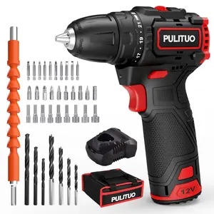 PULITUO Cordless Brushless Electric Drill Set 12V 21+1 Torque Setting Dual Speed Li-ion Battery Powered Multi-function Home Woodworking Metal Drilling Screwdriver Tool with Bit & Screwdriver Bits Set