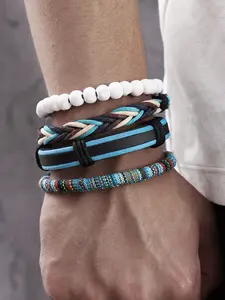 Wood Bead Blue Color Cord Bracelet Set of 4, Casual Simple Style, Fashion Accessory for Women & Men, Perfect Gift Idea