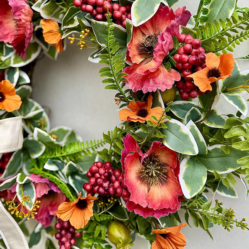 ZMOCEN-20" Faux Poppy Daisy Wreath with Berries - UV Resistant Weatherproof Greenery for Front Door, Porch & Farmhouse Window Decor - All Season Hanging Artificial Plant Wreath