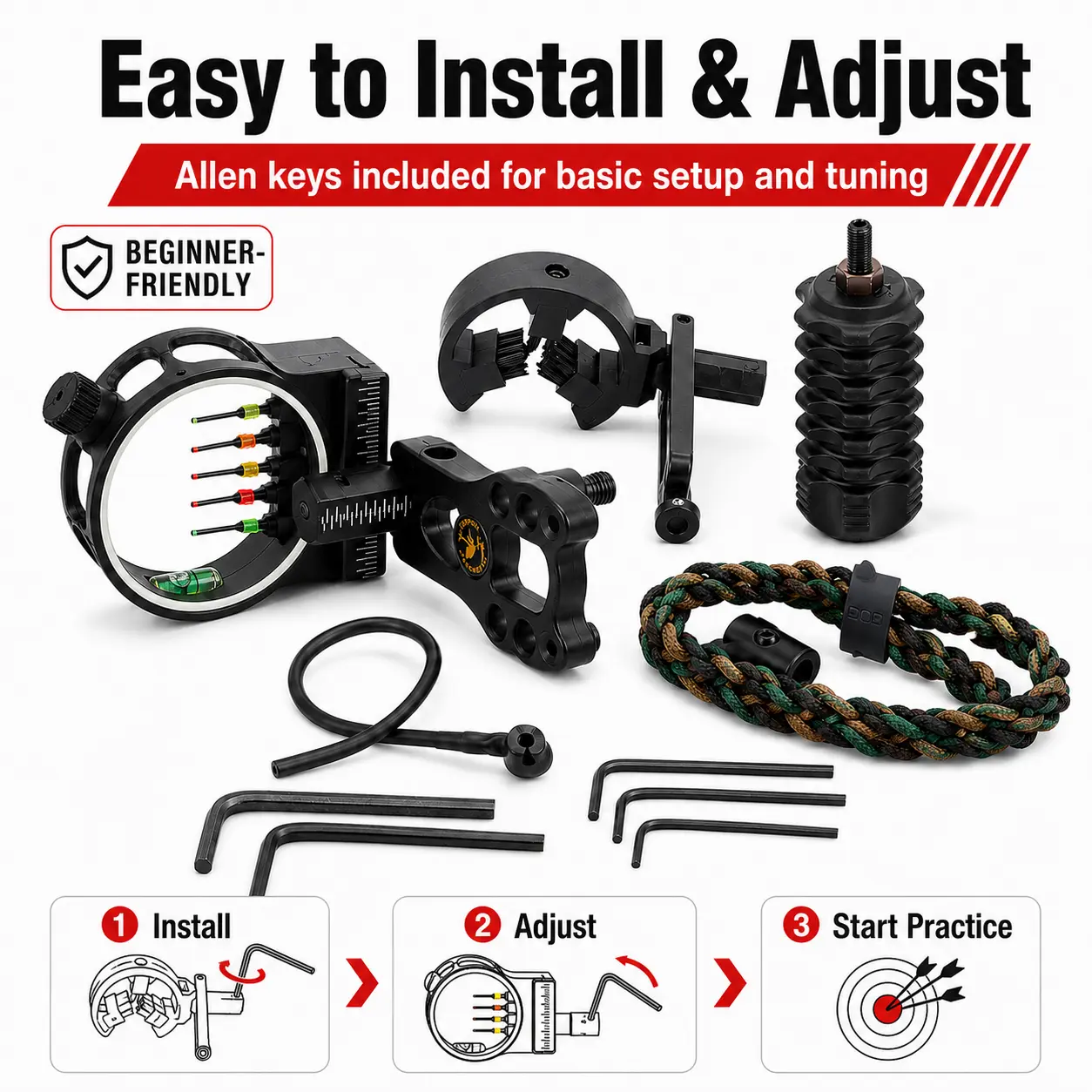 Archery Compound Bow Accessories Kit, 5-Pin Bow Sight, Brush Arrow Rest, Stabilizer Dampener, Peep Sight, Bow Wrist Sling & Allen Keys