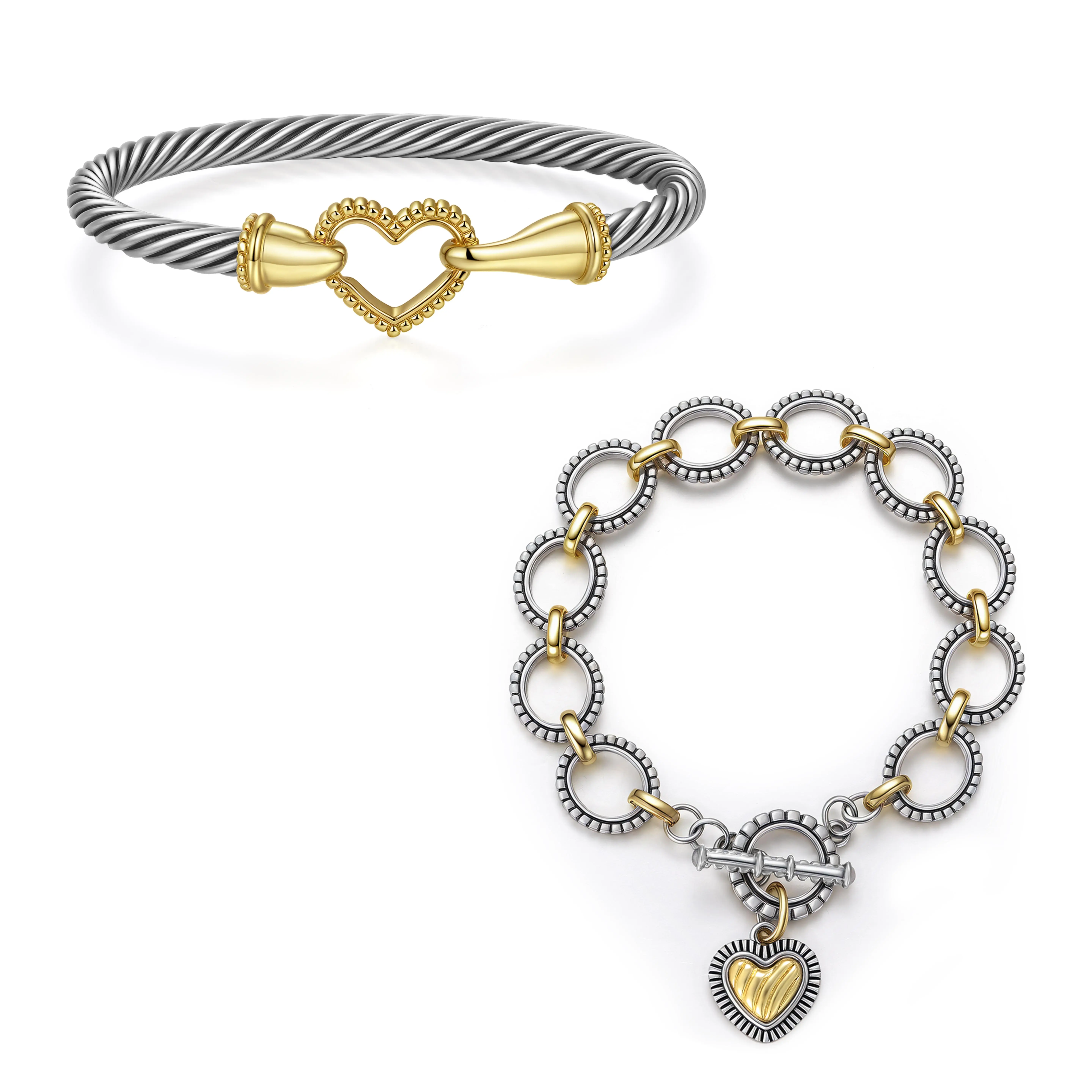 Gift Idea | Aprilery Heart Hook Cable Cuff Bracelet - Romantic 2-Tone Mixed Metal, Elegant Minimalist Stackable Heart Shaped Cuff Bangles, Adjustable Pure Copper Beaded Boho Women's Jewelry Accessories, Stackable Bracelets, Heart Shaped Bracelet tiktoksho