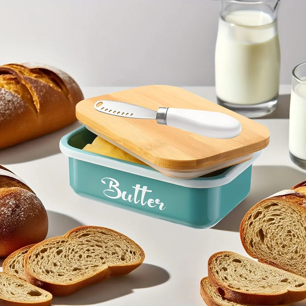 Iron Butter Tray with Bamboo Cover and Knife Large Capacity - Airtight Cheese Storage Box Kitchen Storage Items - Complete Colors - Mother's Day Thanksgiving Christmas Gifts Butter Storage Container Holiday Serving Elegant Durable