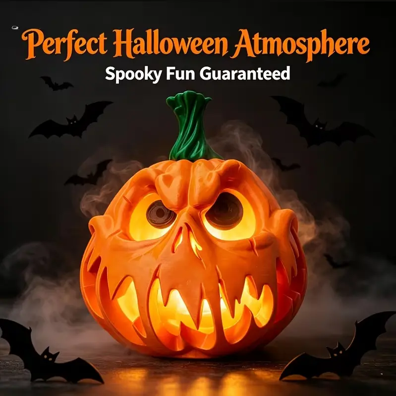 Spooky Halloween Lantern Pumpkin Decor, 3D Printed Evil Grin Pumpkin Figurine with Creepy Moving Eyes, Scary Tabletop Shelf Ornament for Indoor Living Room Bedroom, Haunted House Party Supplies, Autumn Holiday Gift