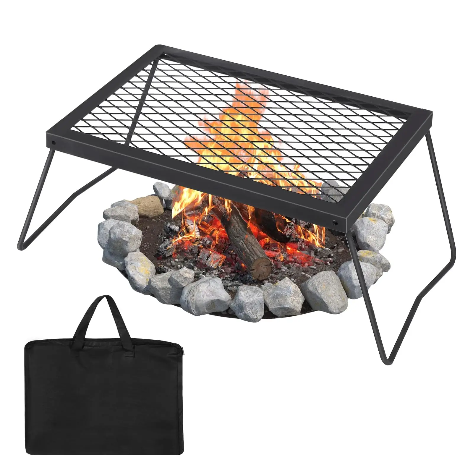 Garvee Folding Campfire Grill 17"×12.2" Heavy Duty Steel Mesh Grate,Portable Camping Grates Over Fire Pit,Camp Fire Cooking Equipment With Legs Carrying Bag