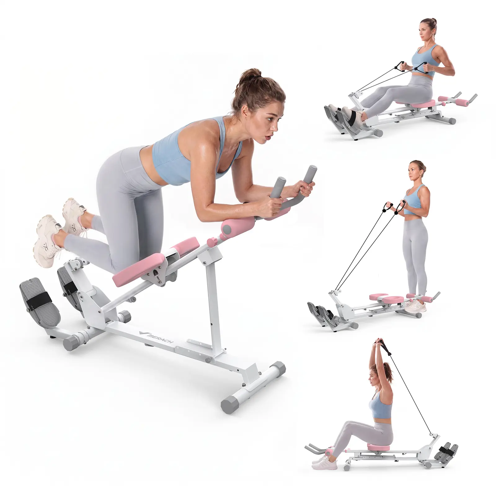 Merach 4 in 1 Ab Trainer Rowing Machine, 4 Incline & 6 Length Adjustable, 3 Elastic Rope Resistance Levels, LCD Monitor,Full Body Shaper for Arms Legs Buttocks Home Gym BackToSchool