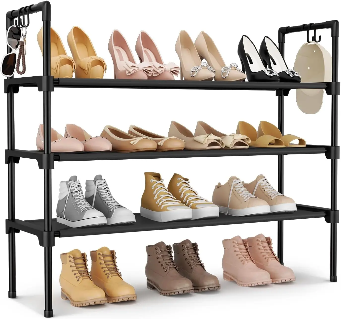 3 Tier Shoe Rack Organizer with Hooks, Stackable Shoe Storage Shelf for Closet Entryway Garage, Space Saving Shoe Stand for Sneakers Boots Dorm Room