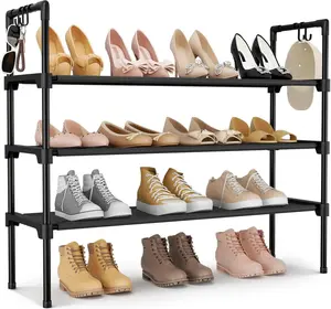 3 Tier Shoe Rack Organizer with Hooks, Stackable Shoe Storage Shelf for Closet Entryway Garage, Space Saving Shoe Stand for Sneakers Boots Dorm Room