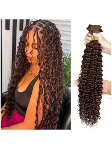 Boho Style Chocolate Brown Deep Wave Human Hair Bundles, 2-Pack, No-Weft Brazilian Hair Extensions, Styling & Protective Hairstyles, Natural Texture