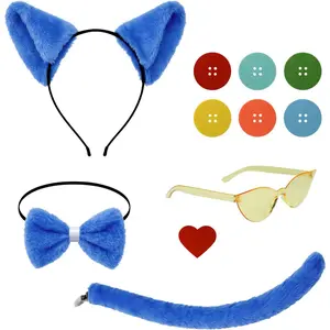 Blue  Costume Accessories,  Ears Headband, Tail, Bowtie, Heart Button Stickers Yellow Glasses for Read Book Day Dress Up Halloween Party