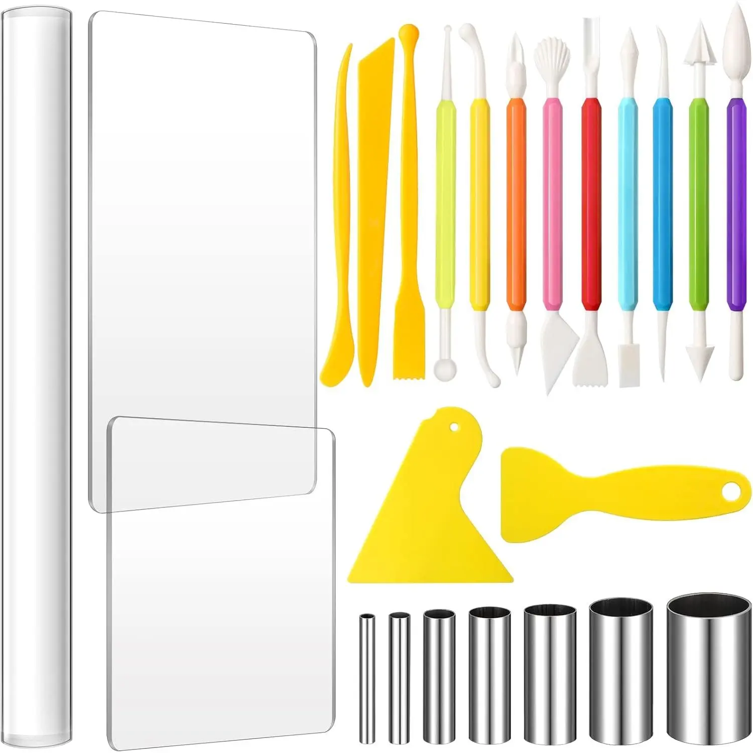 24 count Clay Sculpting Tools Kits Polymer Clay Tools DIY Set with Roller,  Sheet, Scraper Backing Board, Round Circle Shape , Shaping for Art Craft(Colorful), Polymer Clay Ideas, Adults