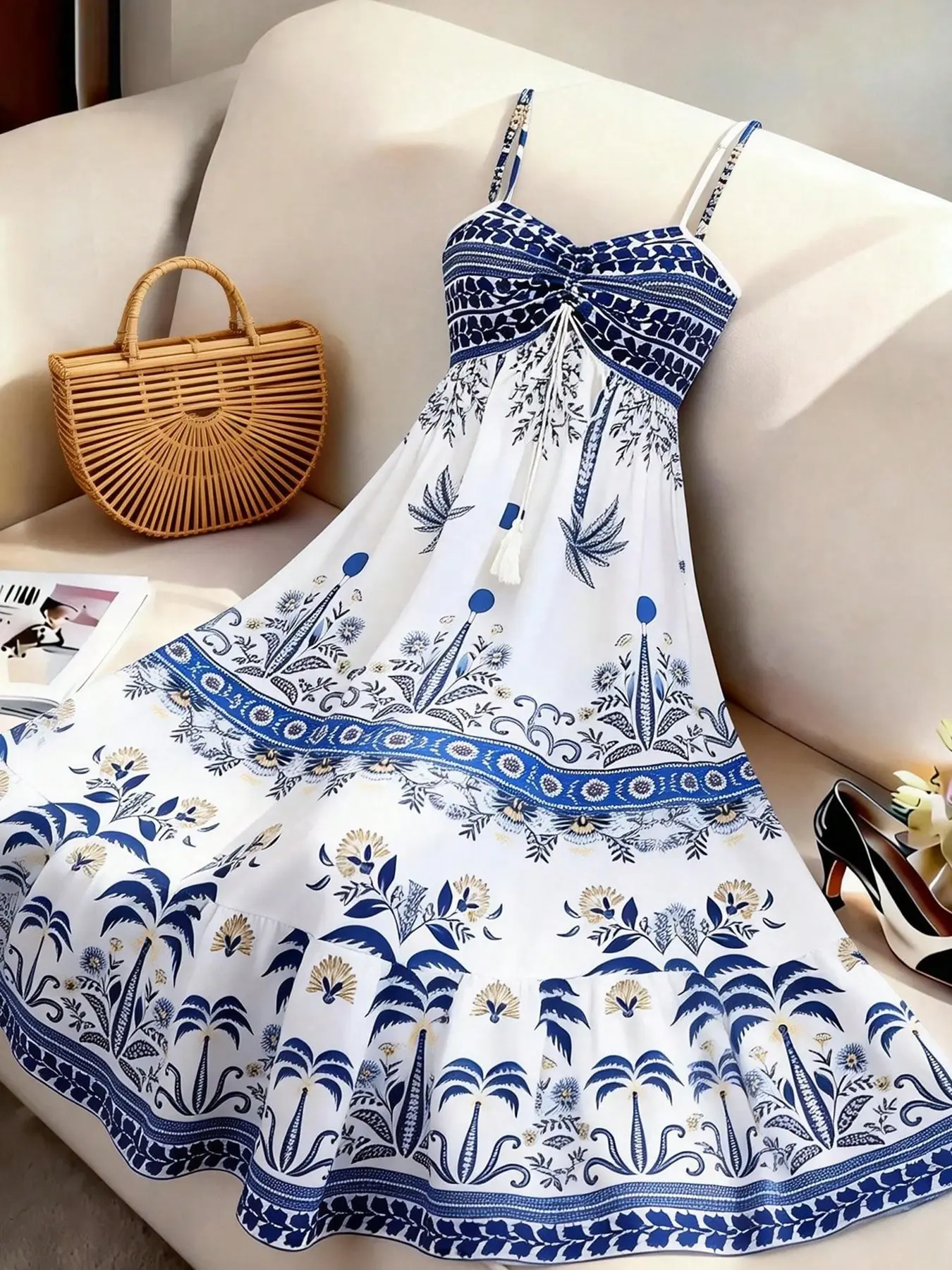 Boho Print Halter Dress, Front Knot Design, Thin Straps, Blue Floral, Summer Beach, Casual Elegant Style, Ff2604, Womenswear