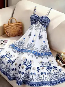 Boho Print Halter Dress, Front Knot Design, Thin Straps, Blue Floral, Summer Beach, Casual Elegant Style, Ff2604, Womenswear