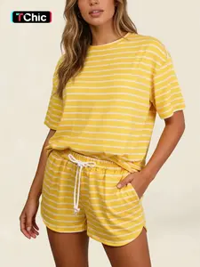 Women's Striped Knit Set, Loose Fit Casual, Round Neck Short Sleeve Top & Drawstring Shorts, All-Season Fashion