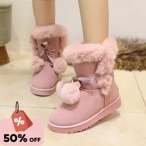 Women's Cute Pom-pom Lace Up Fur Winter Snow Boots Sweetheart Princess Fluffy Boots Walking Shoes Footwear Girl