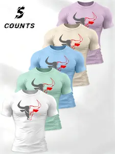 Men's Lightweight Breathable Round Neck Shirt Set, Block Bull Print Short Sleeve T-Shirt, Perfect for Running & Daily Wear, Workout Summer Clothes, Lightweight Summer Activewear