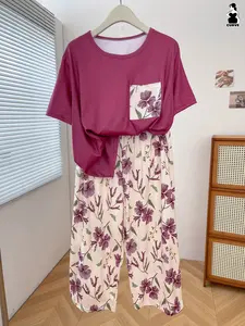 Plus Size Women's Pajama Set, Short Sleeve Top and 7/8 Pants, Floral Pattern, Loose Fit, Comfortable Home Wear, Ideal for Relaxing at Home