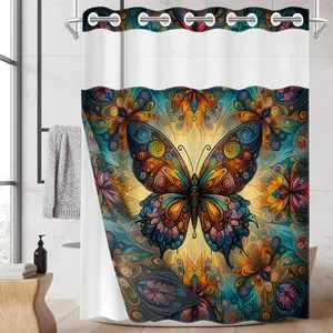 1pc 2D Flat hookless Bathroom Shower Curtain with snap fastener and inner lining Colorful Butterfly Pattern Waterproof inner lining shower curtain, transparent window, double-layer shower curtain, 71 x 74 inches, modern family curtain decoration