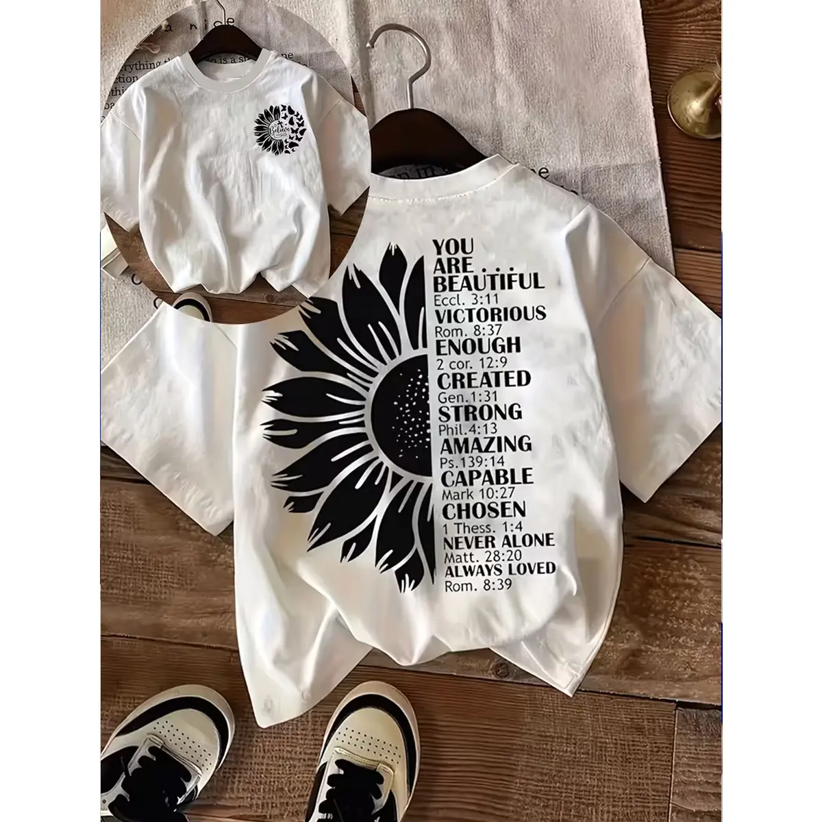Double-Sided Pattern Summer Printed Women'S T-Shirt - Sunflower And Bible Verse Printed Casual Crew Neck T-Shirt