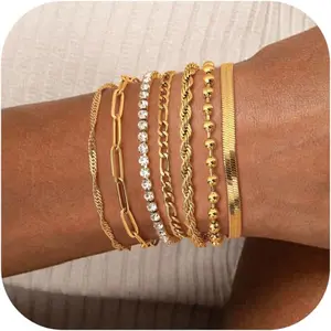 CASSICEA 7Pcs Chain Bracelets for Women Men 14K Plated Gold Stacking Bracelets Twist Figaro Herringbone Chain Bracelets Adjustable CZ Link Charm Bracelets Set Silver Gold Bracelets for Women Men