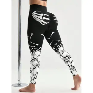 Skeleton Halloween Leggings, Spooky Skeleton Design, Comfortable Stretch Fabric, Perfect For Halloween Parties, Casual Wear, Fitness, Plus Sizes Available Bottoms Womenswear Spandex Yoga Clothes Set