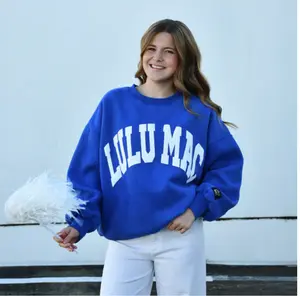 Lulu Mac Women's Royal Blue Printed Oversized Ribbed Long Sleeve Fleece Sweatshirt - Soft Longsleeves Tops, Casual Women's Clothes for Jeans Pairing