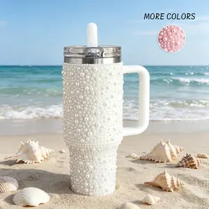 40oz Pearl Rhinestone Tumbler with Handle and Straw - 100% Leakproof Stainless Steel Insulated Cup with Lid, Cup Holder Friendly Base