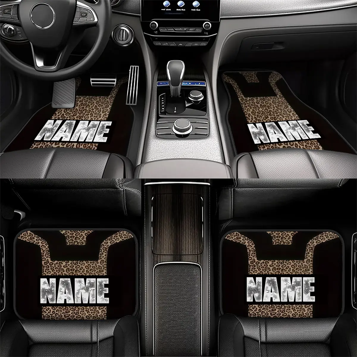 Custom Car Floor Mats in a Set of Four, Featuring Personalized Names/Text And a Leopard Print Design — Durable Mats Ideal for The Driver, Front Passenger, Rear Seats, And Trunk, with The Possibility to Include Names/Text, Fitting Most Cars, Trucks