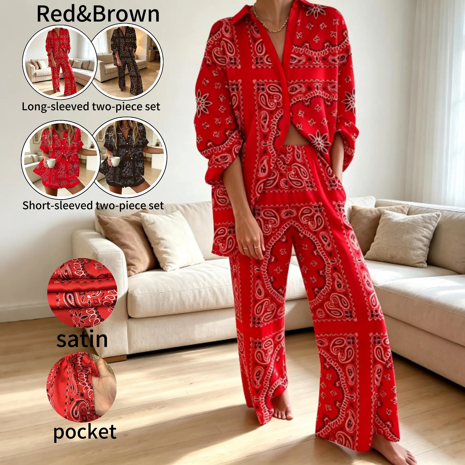 Casual Paisley Loungewear Set, Made of Smooth, Flowing Satin Fabric with A Comfortable Elastic Waistband.