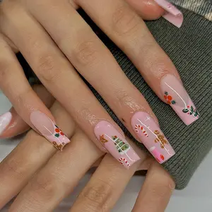 24pcs Long Square French Christmas Gingerbread Man Nail Set, Acrylic Press-On Nails, Includes Jelly Glue & File, Perfect for Parties