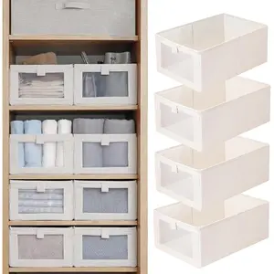 Linen Closet Organizers And Storage, 4 Pack Storage Bins Baskets for Organization Foldable Organizer with Clear Window Organizing Clothing, Jeans, Shelves
