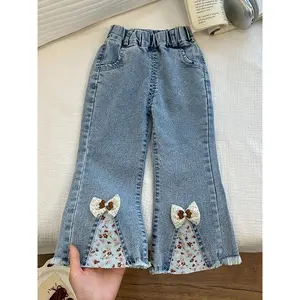 Girls' Korean Style Bell-Bottom Jeans with Bow & Elastic Waist - Loose-Fit Casual Pants, Solid Color for, Playdates & Casual Attire ( to Teen) - Year-Round Comfortable Outfits, Perfect for Outdoor