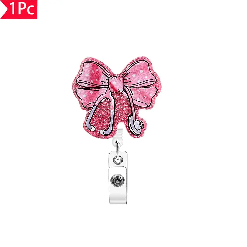 1PC Sparkling Powder Bow Stethoscope Easy to Pull Buckle Nurse ID Card Expansion Buckle Cartoon Chest Badge Clip Badge Decoration ID Card Cover Buckle, Suitable for Nurses, Doctors, Teachers, Halloween, Used as Gifts, Badge Accessories