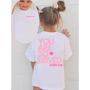 Girls' Christian Faith Theme T-Shirt, Print with John 3:16 Bible Verse - Double-Sided You Are So Loved Pink Lettering, 180Gsm Breathable, Short Sleeve Round Neck Casual Church Wear, Machine Washable All-Season Comfort