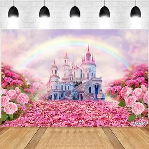 Photography Background Flower Sea Pink Castle Rainbow Fairy Tale Proposal Wedding Birthday Party Photo Studio Backdrop