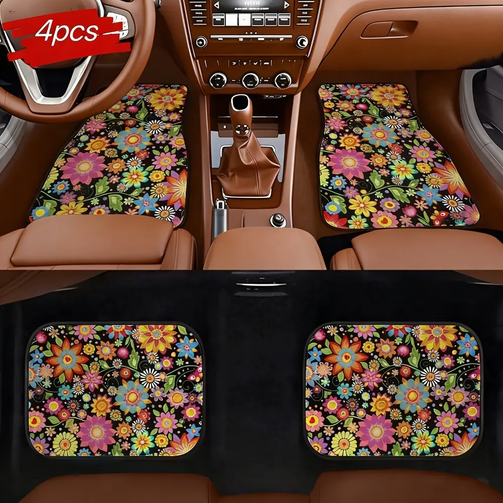 JOYFINITY 4pcs Set-Car Floor Mats, Floral-patterned Car Anti-slip Mats, Stain-resistant, Easy to Clean, Car Interior Accessories, Suitable for All Cars, Halloween Decorations, High Temperature Resistance, Summer Self Driving, Outdoor Camping