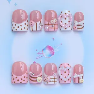 Nailssbysheccid, 10pcs press-on nails, short square type, 100% handmade, simple style, combined with French style, 3D, Elegant rhinestone decorated, suitable for family dinners, dates, weddings. Comes with jelly glue, crystal sticks and twisting rods