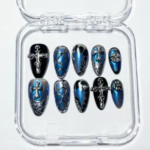 NailBee Gothic Cross Press On Nails, Black Blue Ombre with Cat Eye Effect, Almond Shape At-Home Nail Kit, At-Home Press-On Nails Kit, Diy Press-On Nails