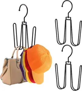 2-Pack Black Wall-Mount Metal Hook Hat Hanger Organizer, 360° Rotatable Durable Iron Closet Shelves for Hanging Baseball Caps, Scarves, Household Items