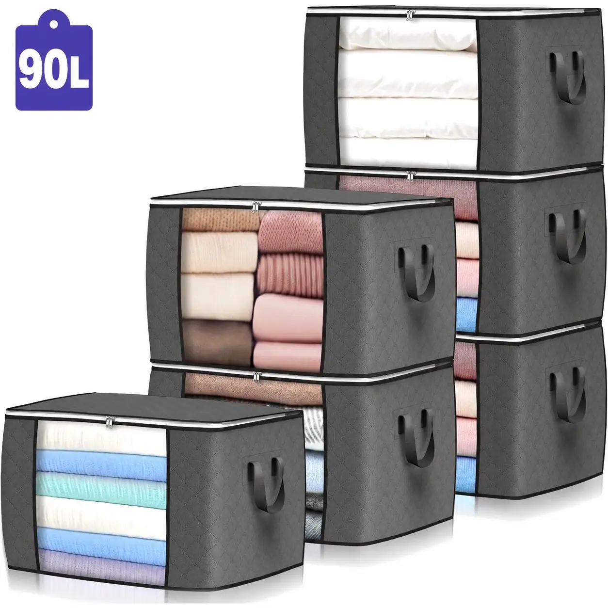 2/4/6/8-Pack 23.78 Gal Large Storage Bags – Foldable Clothes Storage Bins with Reinforced Handles – Closet Organizer Containers for Blankets, Comforters, Bed Sheets, Pillows & Toys – Gray