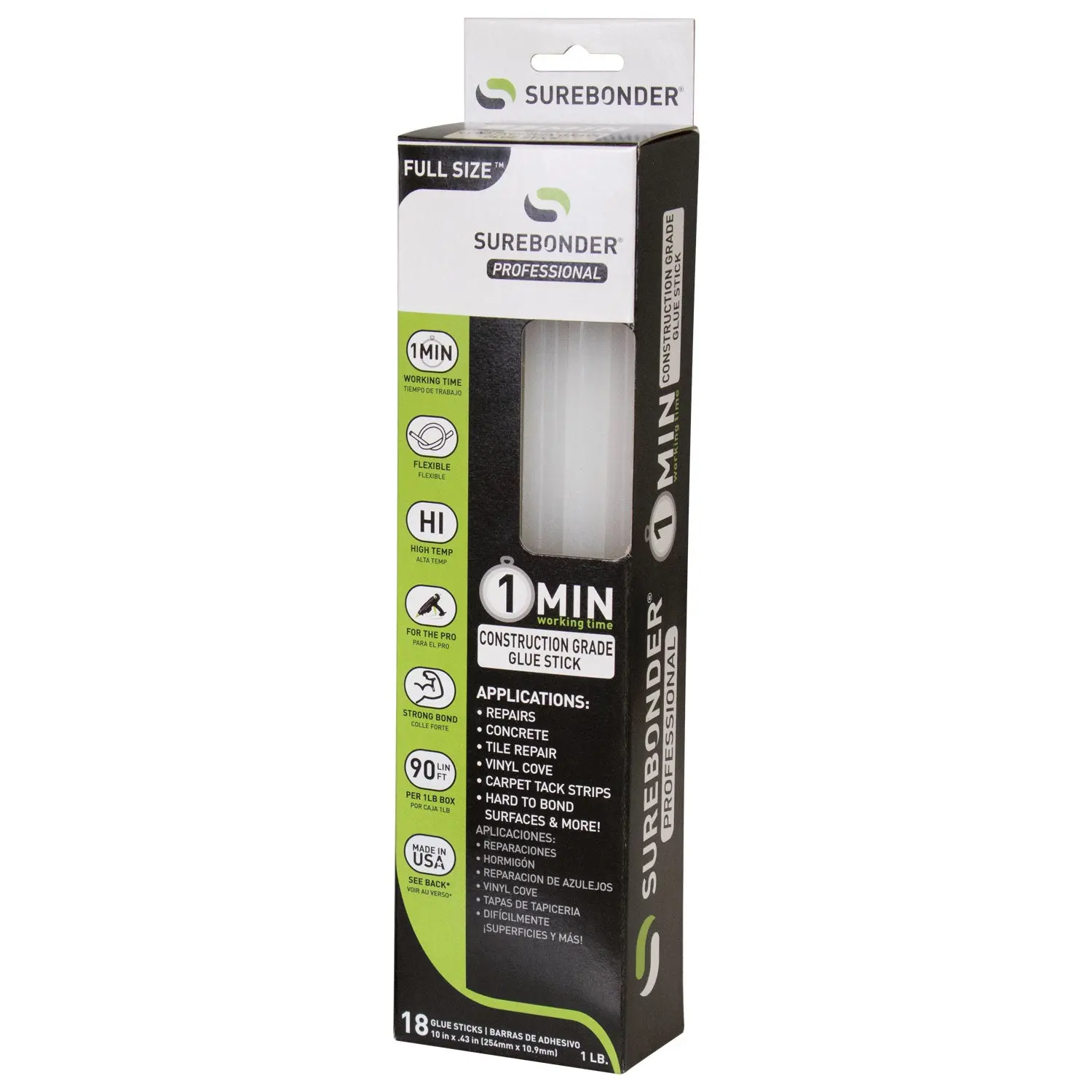 Surebonder Construction Grade 10" Full Size Hot Glue Sticks, Great for Repairs, Concrete, Tile Repair, Carpet Tack Strips, and Hard to Bond Surfaces  - 1 Minute Working Time