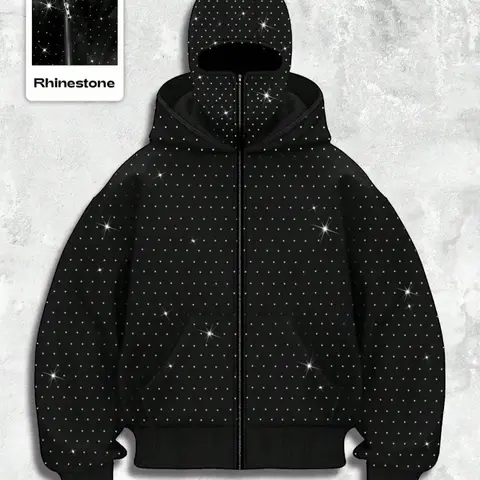 Men's Street Style Casual Rhinestone Long Sleeve Hooded Sweatshirt, Pocket and Zip Design, Fall & Winter Wear, Geometric Pattern, Fitted Fit, urban fashion streetwear